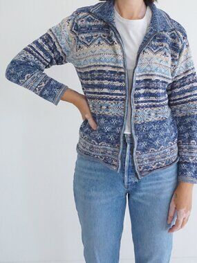 Vintage Tiara International Blue Cream Fair Isle Boho Knit Cardigan S